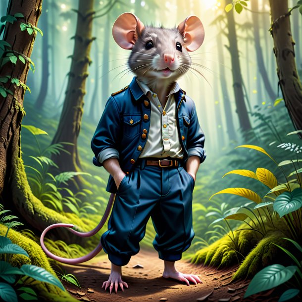 Ilustração de um rato em uma calça na floresta