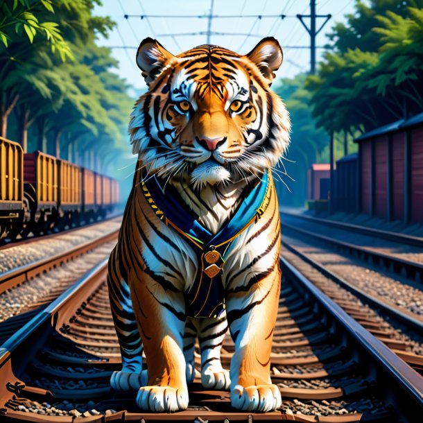 Ilustración del tigre en el chaleco sobre las vías del ferrocarril