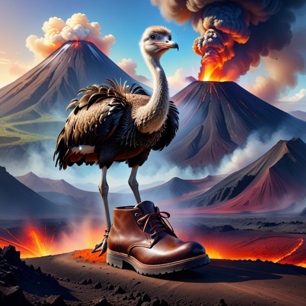 Illustration of a ostrich in a shoes in the volcano