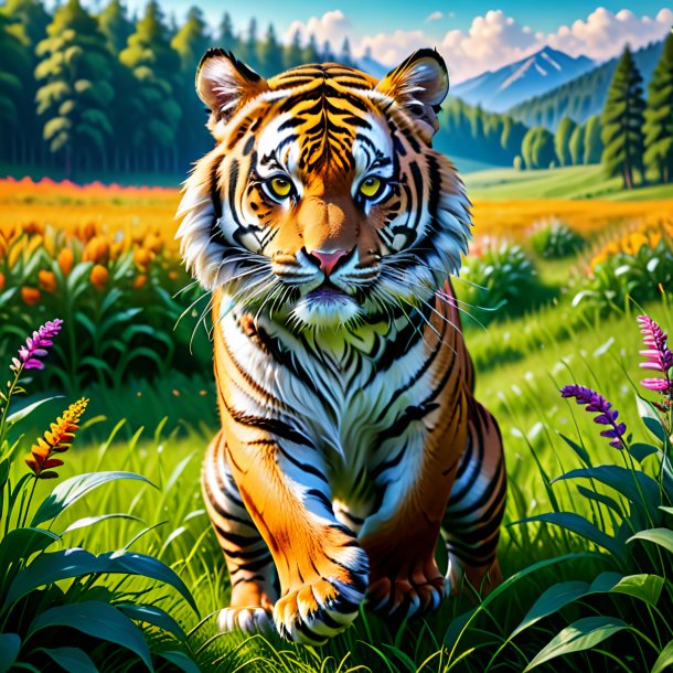 Image of a tiger in a gloves in the meadow