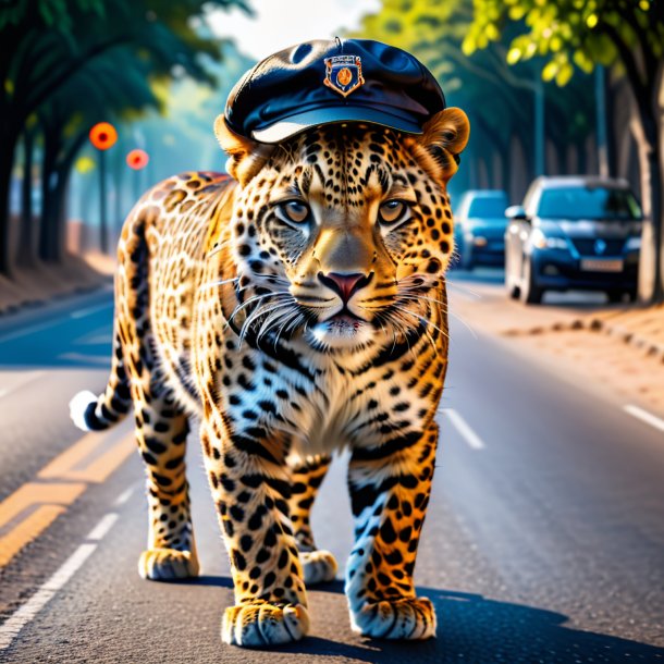 Pic of a leopard in a cap on the road