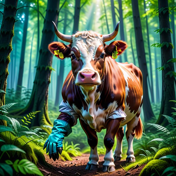 Photo of a cow in a gloves in the forest