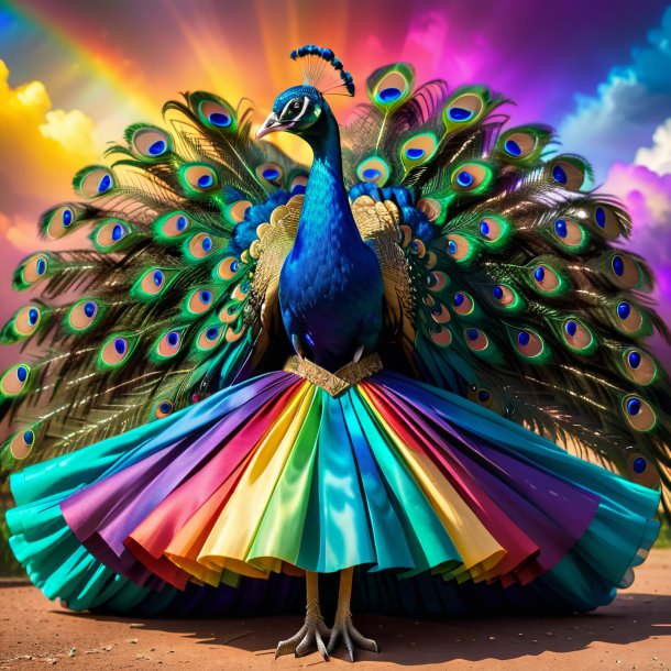 Imagen de un pavo real en una falda en el arco iris