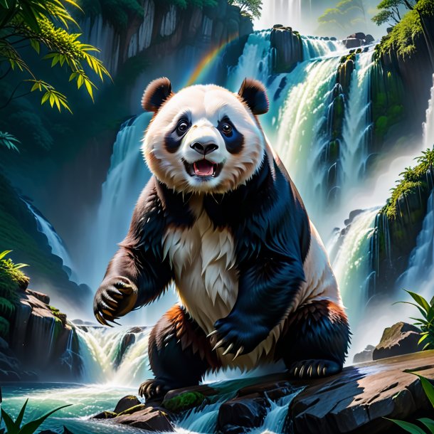 Photo of a threatening of a giant panda in the waterfall