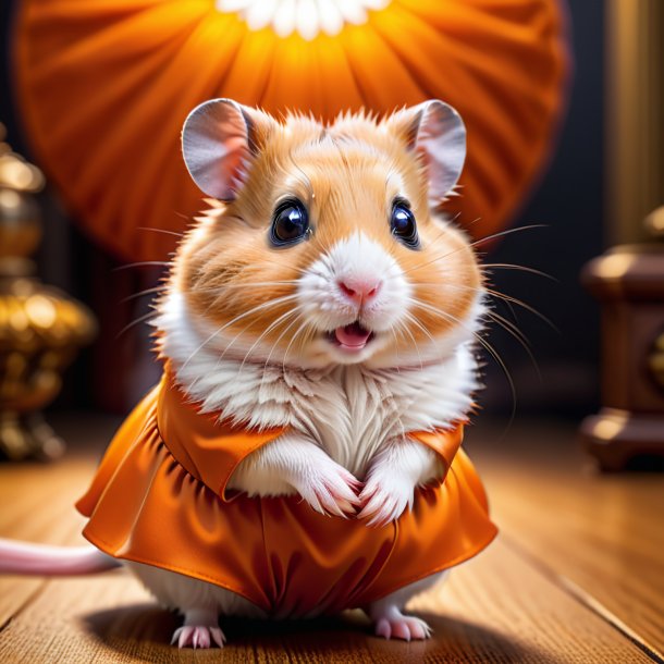 Foto de un hámster en un vestido naranja