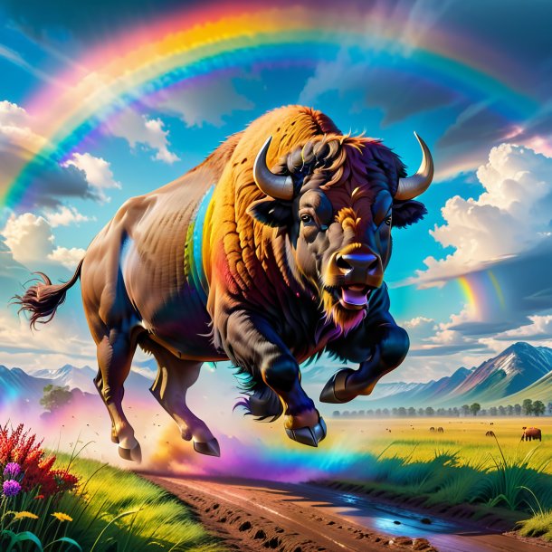 Pic of a jumping of a buffalo on the rainbow