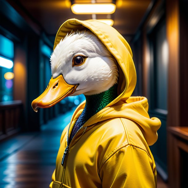 Photo of a duck in a yellow hoodie