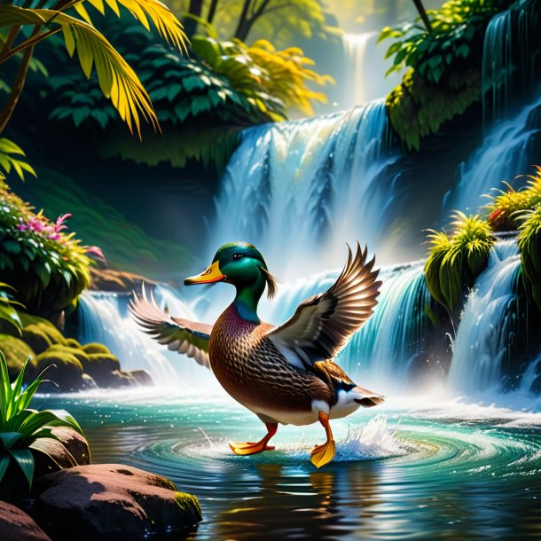 Pic of a dancing of a duck in the waterfall