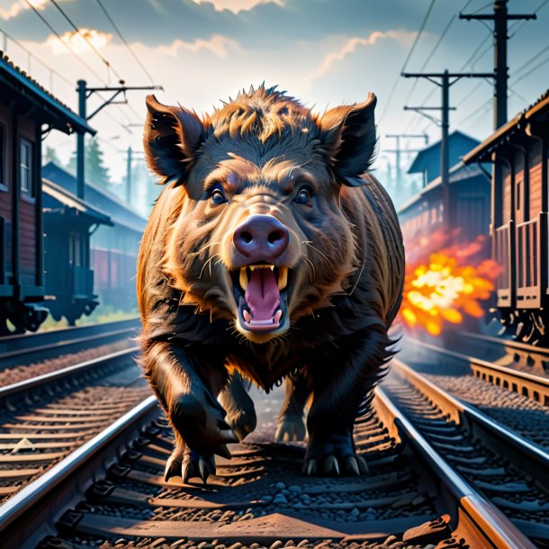 Picture of a angry of a boar on the railway tracks