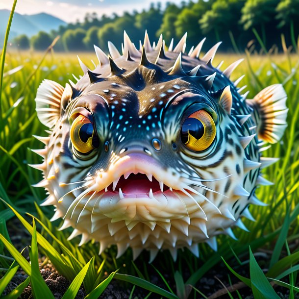 Photo of a threatening of a pufferfish in the meadow