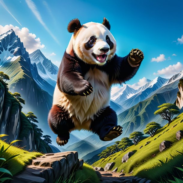 Image of a jumping of a giant panda in the mountains