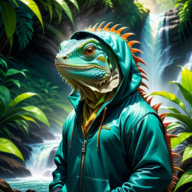 Ilustración de una iguana en una sudadera con capucha en la cascada