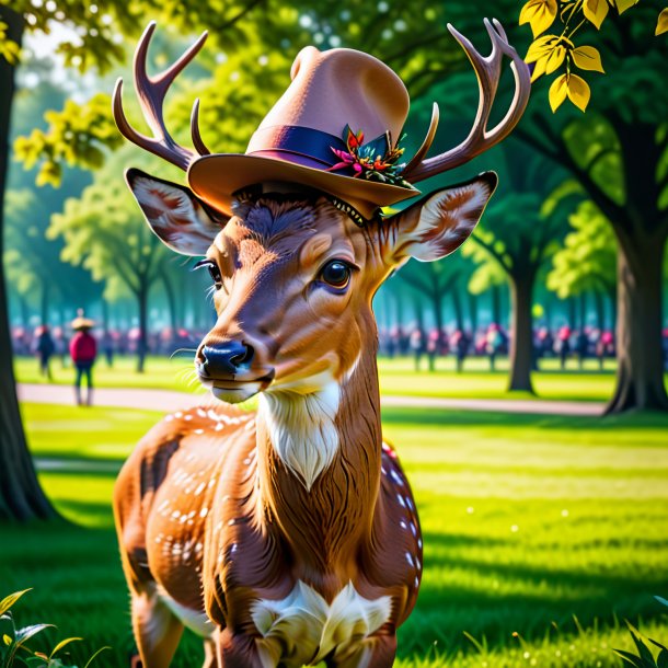 Photo of a deer in a hat in the park