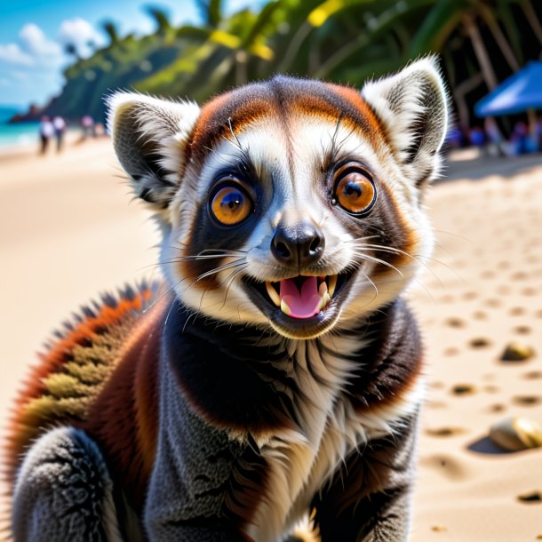 Image of a smiling of a lemur on the beach