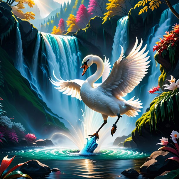 Imagem de um cisne em uma luvas na cachoeira