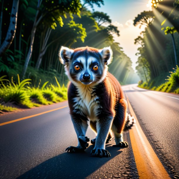 Foto de uma ameaça de um lêmur na estrada