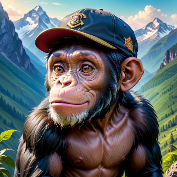 Picture of a chimpanzee in a cap in the mountains