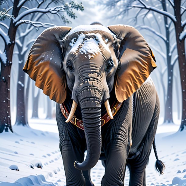 Picture of a elephant in a belt in the snow