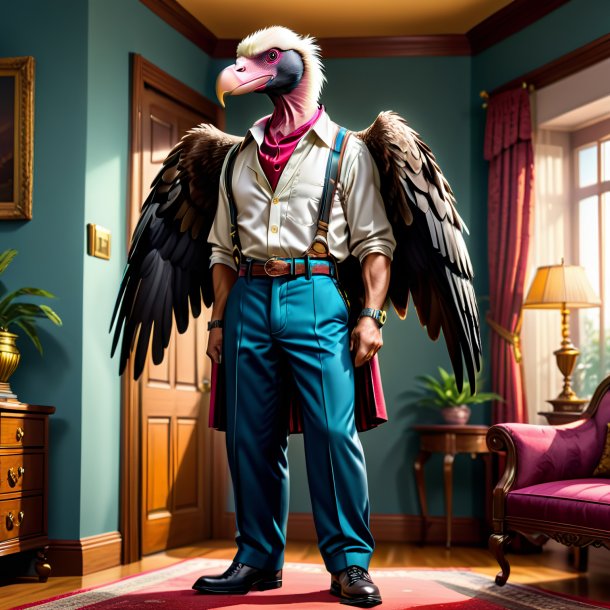 Illustration of a vulture in a trousers in the house