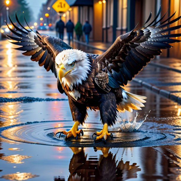 Picture of a eagle in a jacket in the puddle