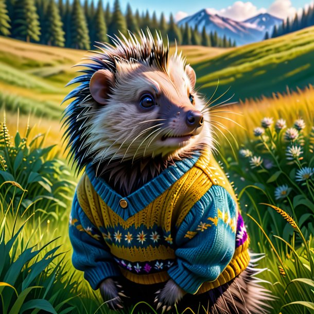 Image of a porcupine in a sweater in the meadow