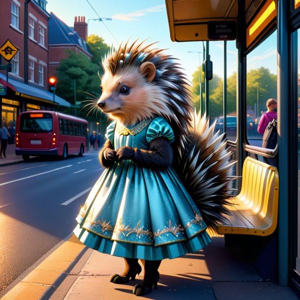 Illustration of a porcupine in a dress on the bus stop