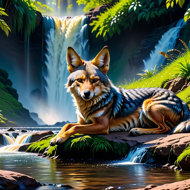 Image of a sleeping of a jackal in the waterfall