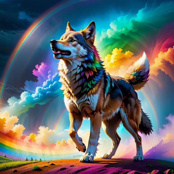 Photo of a dancing of a wolf on the rainbow