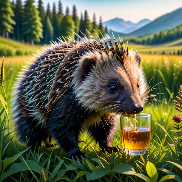 Photo of a drinking of a porcupine in the meadow