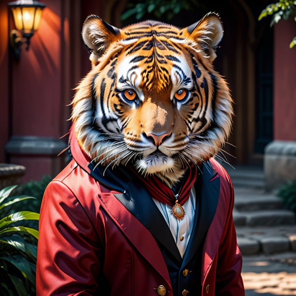 Imagen de un tigre en un abrigo rojo