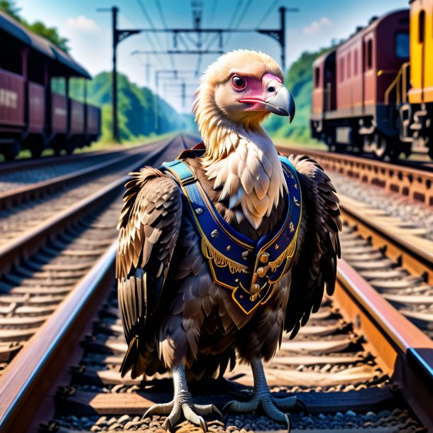 Image of a vulture in a vest on the railway tracks