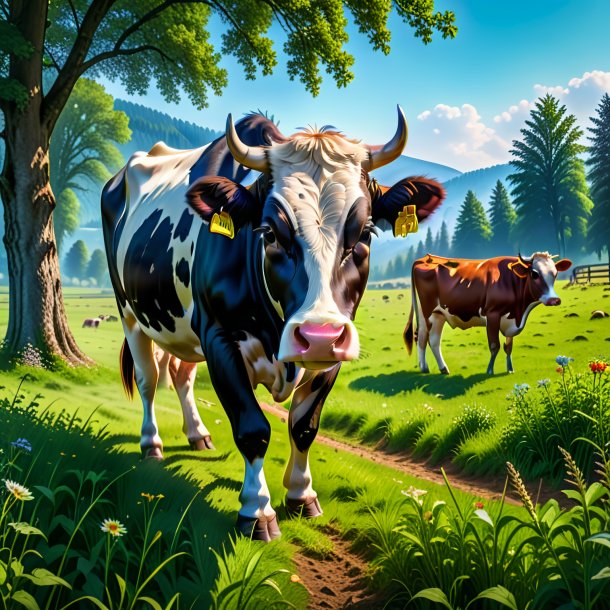 Picture of a eating of a cow in the meadow