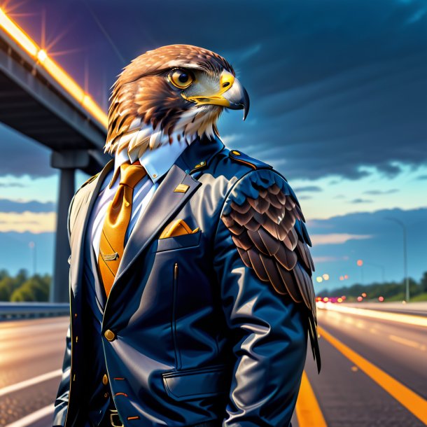 Illustration of a hawk in a jacket on the highway