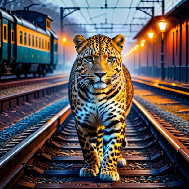 Drawing of a leopard in a coat on the railway tracks