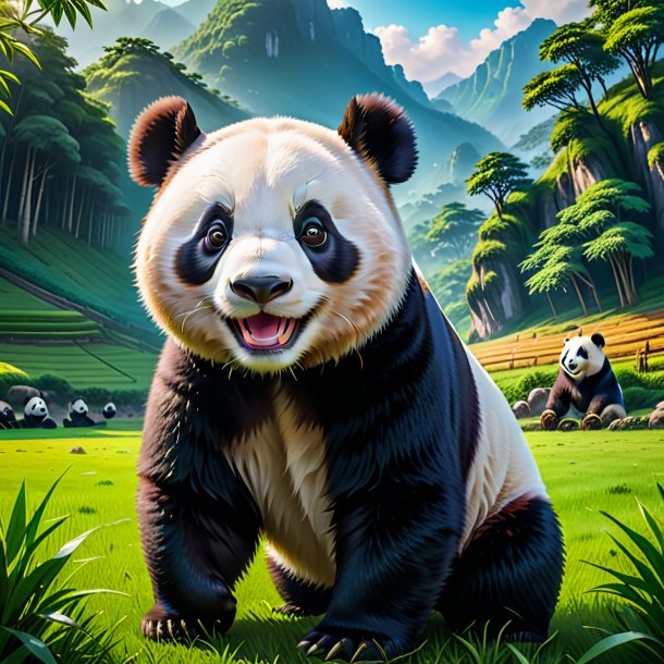 Pic of a smiling of a giant panda on the field