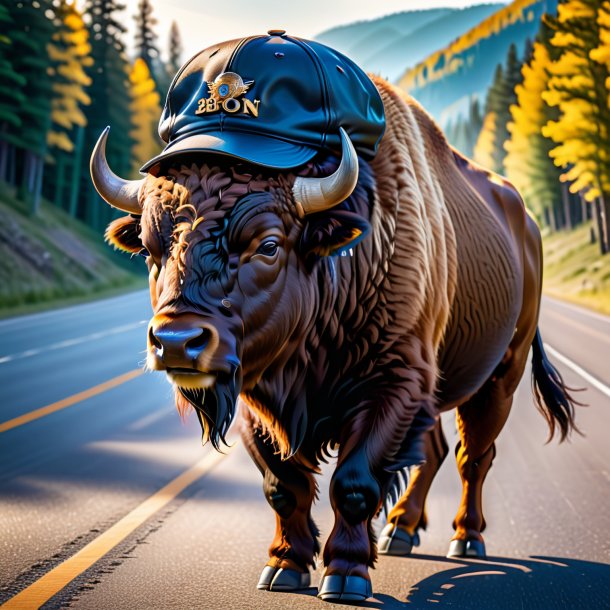 Pic of a bison in a cap on the road