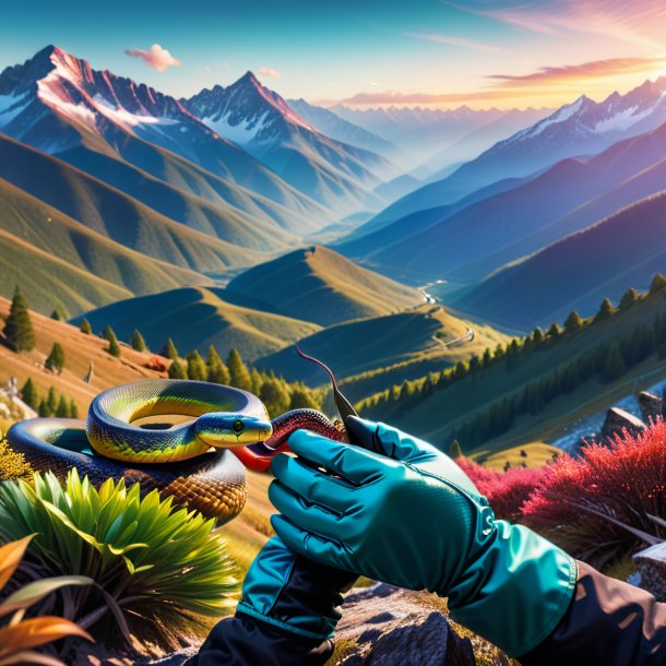 Image of a snake in a gloves in the mountains