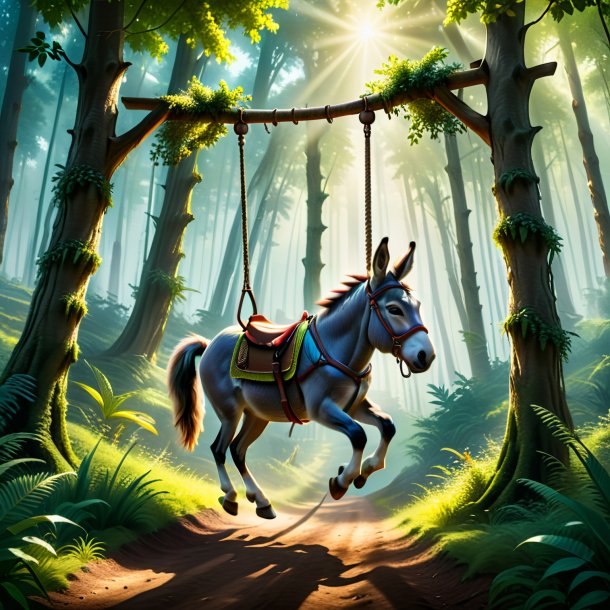 Picture of a swinging on a swing of a donkey in the forest