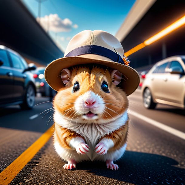 Photo d'un hamster dans un chapeau sur l'autoroute