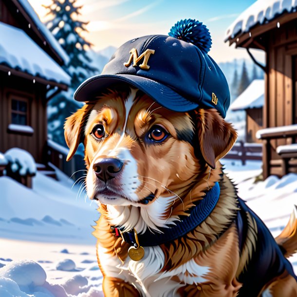 Image of a dog in a cap in the snow