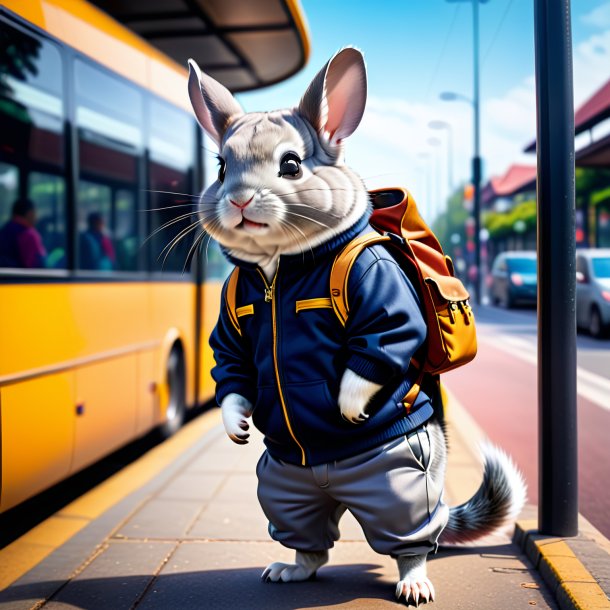 Picture of a chinchillas in a trousers on the bus stop