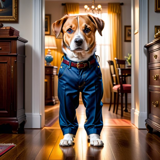 Retrato de um cão em uma calça na casa