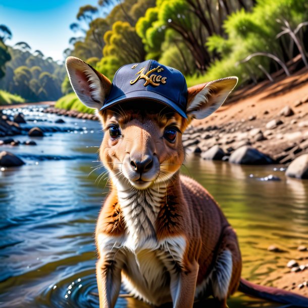 Photo of a kangaroo in a cap in the river