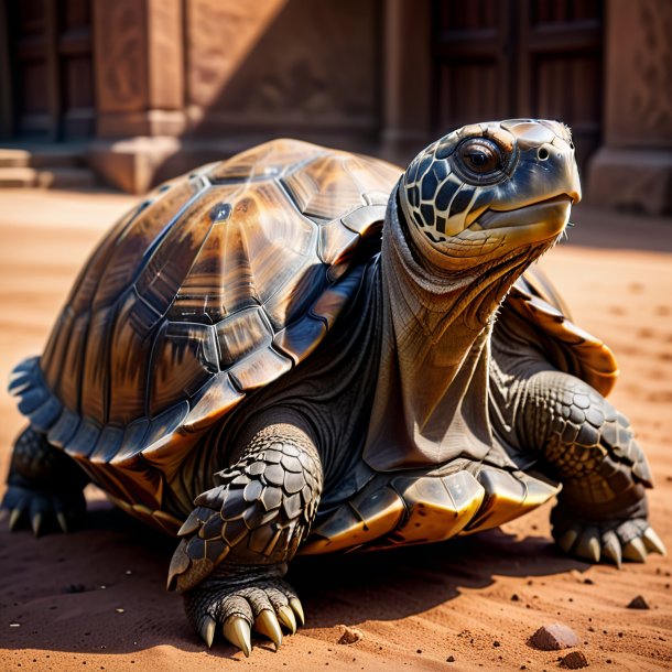 Photo of a tortoise in a brown dress