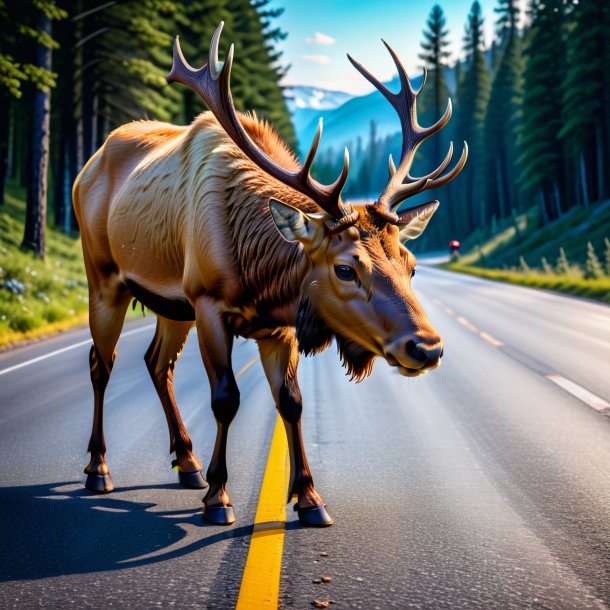 Photo of a elk in a shoes on the road