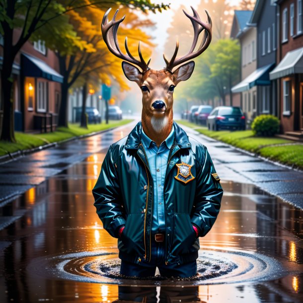 Photo of a deer in a jacket in the puddle