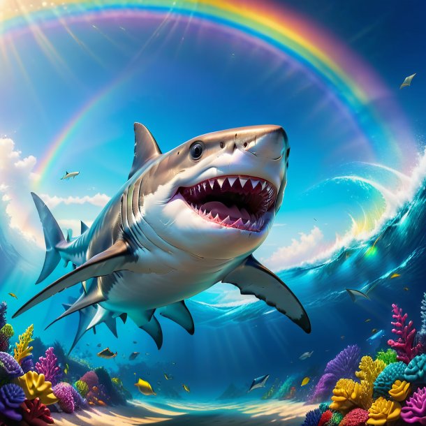 Image of a smiling of a shark on the rainbow