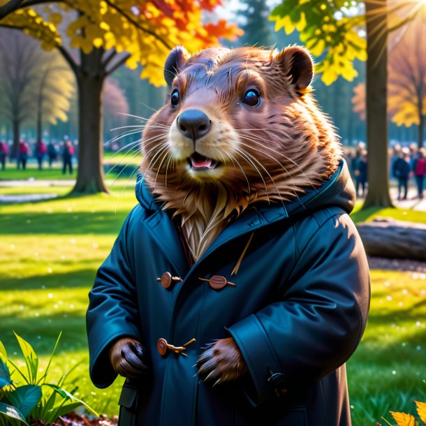 Image of a beaver in a coat in the park