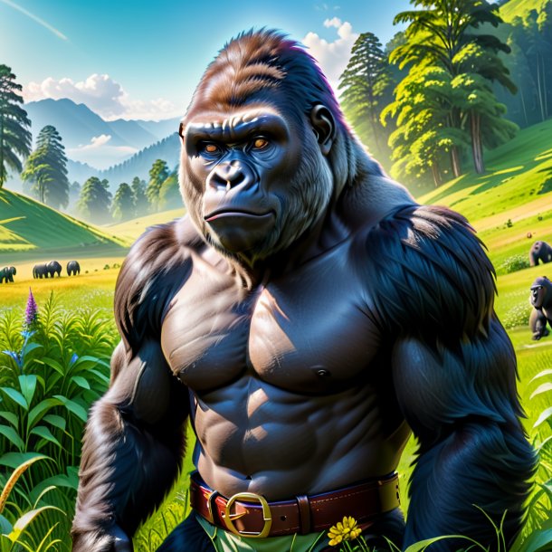 Pic of a gorilla in a belt in the meadow