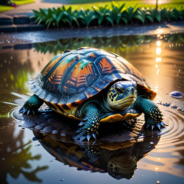 Foto de una tortuga en un vestido en el charco